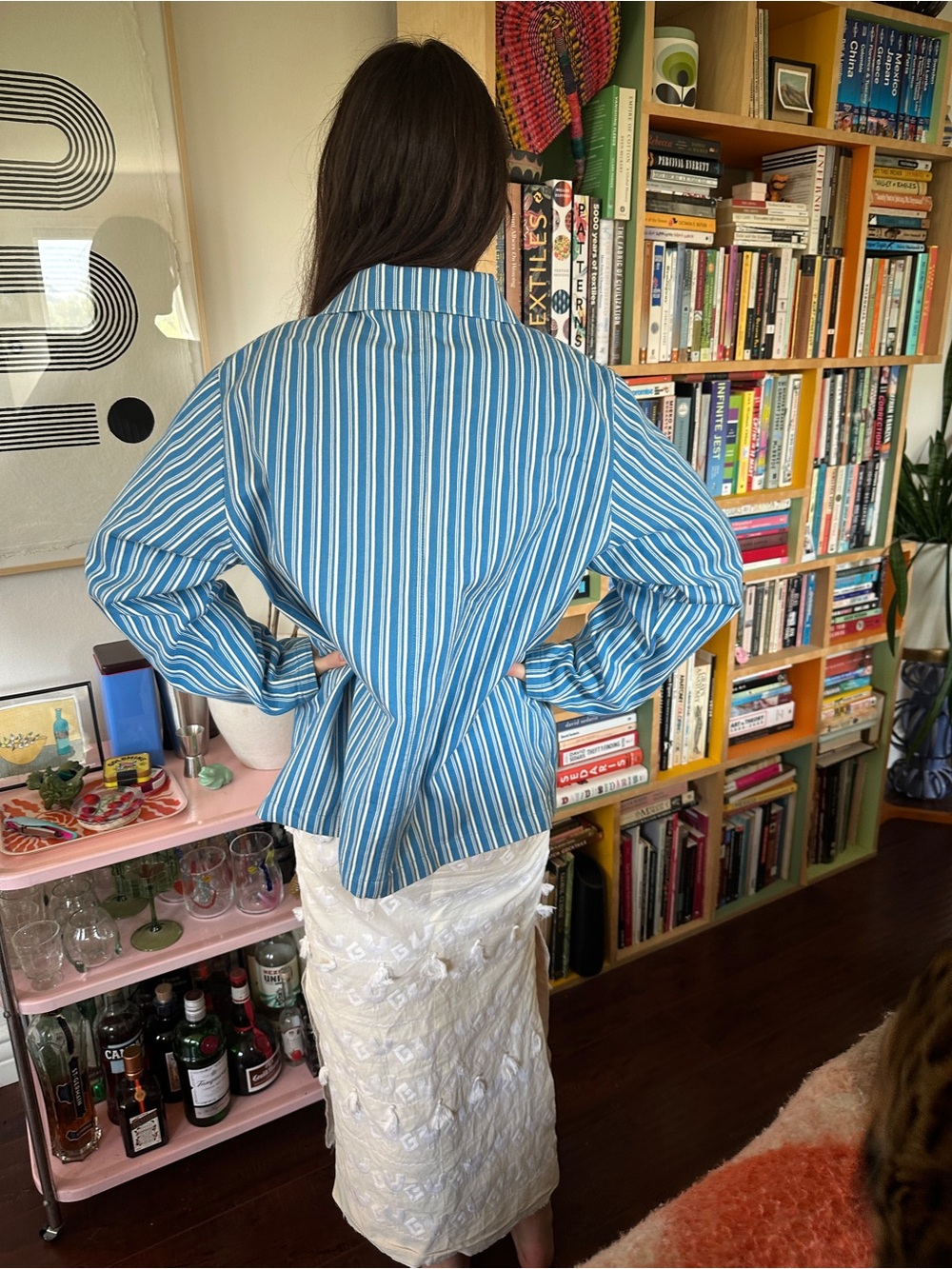 Big Bud Stripe Button-Up Chore Jacket in Blue and White with Orange Buttons - Picture 2 of 9